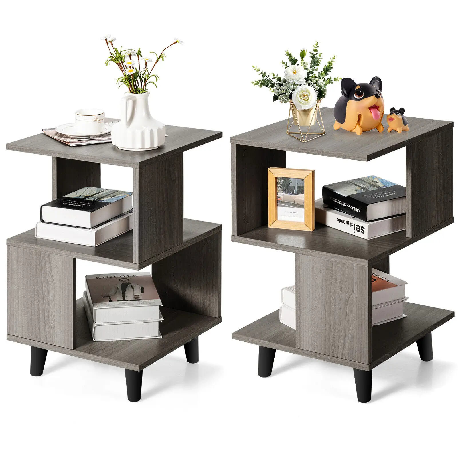 Costway 2 PCS Nightstand Set Modern Side End Table Wood Legs Storage Shelf Grey