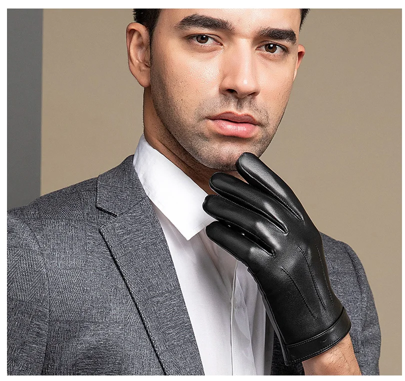 New 2022 Spring Gloves Men Real Leather Gloves Touch Screen Black Real Sheepskin Thin Warm Driving Gloves