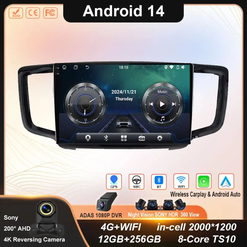 

For HONDA Odyssey 2015- 2019 Car Radio Android 14 Carplay GPS Navigation Android Auto DVD Stereo Head Unit Wifi 4G No 2din DVD