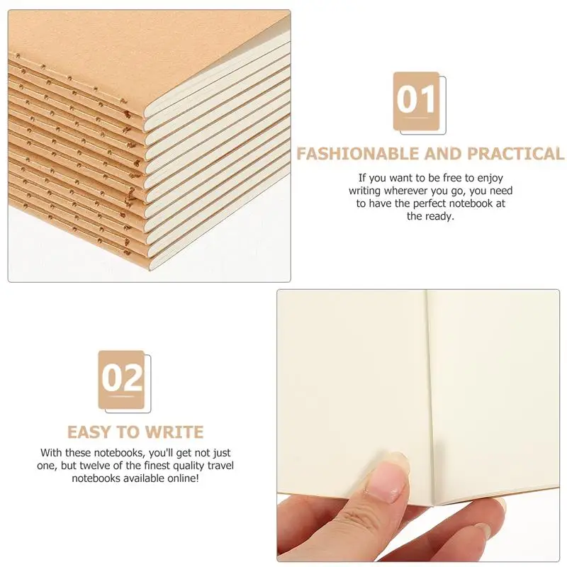 12Pcs A6 Kraft Paper Notebook Blank Lined Journal, Kraft Brown Cover Notepad Kraft Travel Journal Sketchbook Beige Page Cover