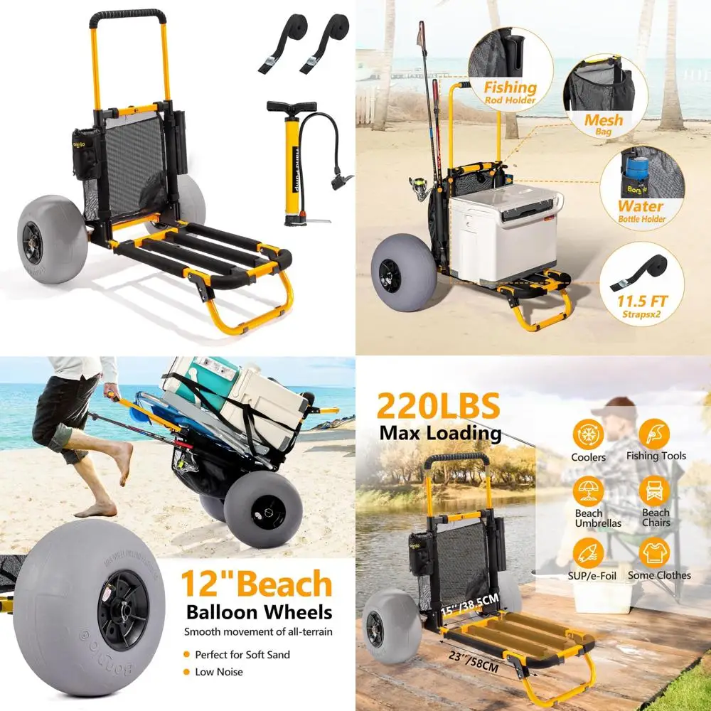 

Folding Beach Trolley with 12 Large Balloon Wheels for Sand, 23x15 Cargo Deck, Portable Beach Trailer
