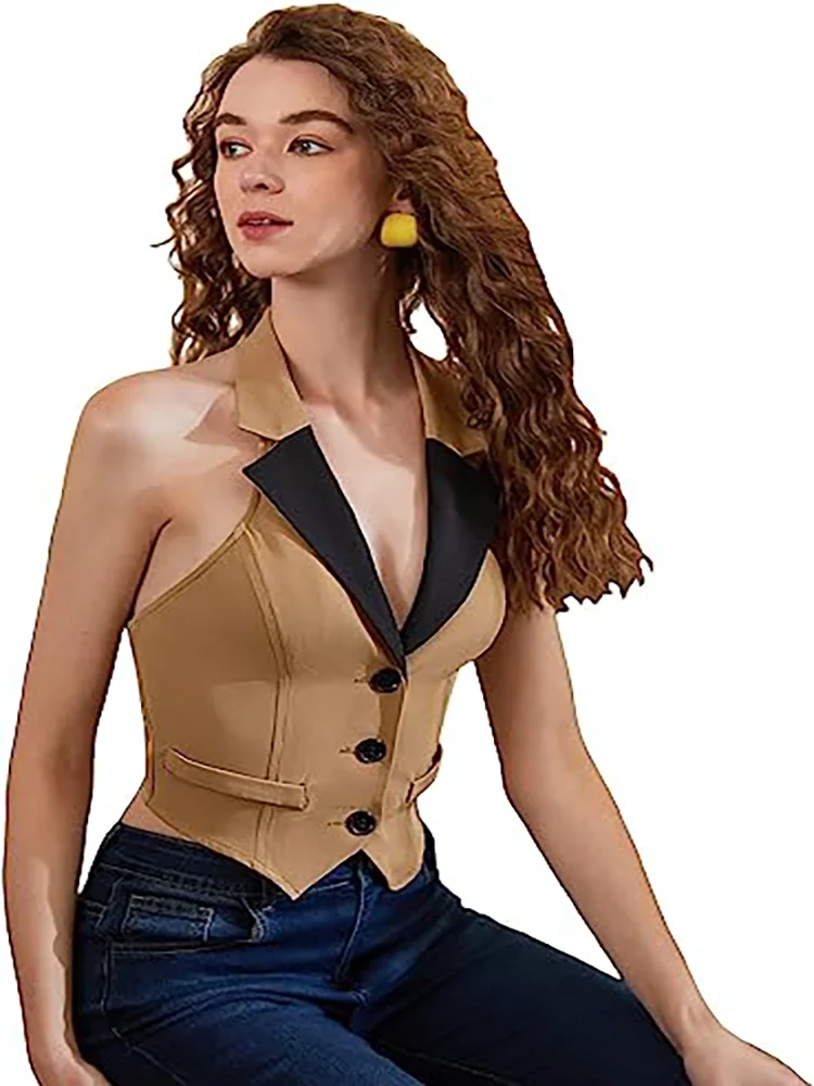 Women\'s Vest Lapel Spliced Short Top Slim Fit Fashion Casual Single Breasted Vintage New in Coats Woman жилет костюмный женски