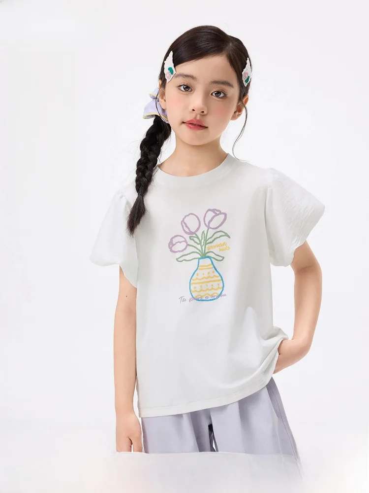 xiaoyinman-kids'-t-shirt-floral-print-short-sleeve-bubble-sleeve-casual-cotton-blend-summer-top-for-girls-aged-3-14