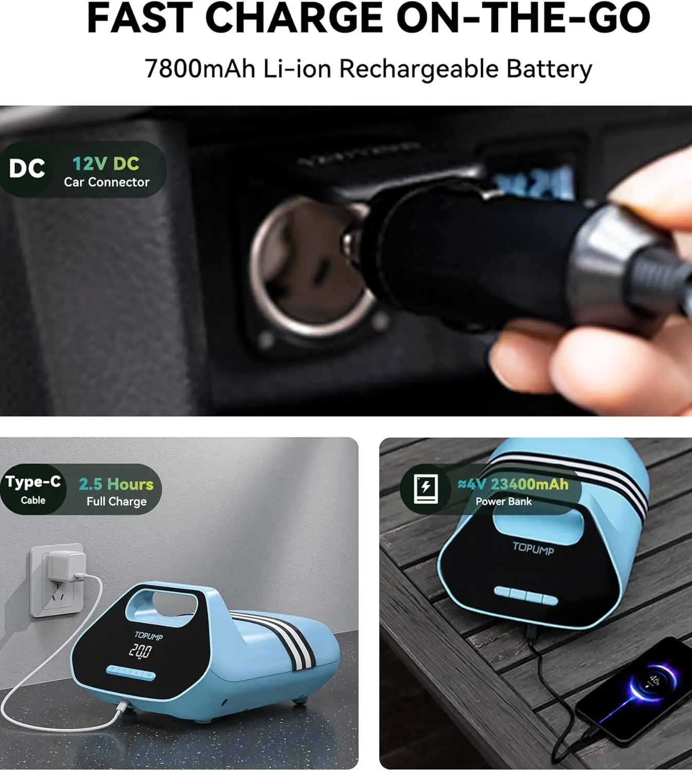 Rechargable SUP Air Pump TPS300,20PSI Electric Paddle Board Pump with Auto-Off Feature, Dual Stage Inflation & Deflation, AC/DC