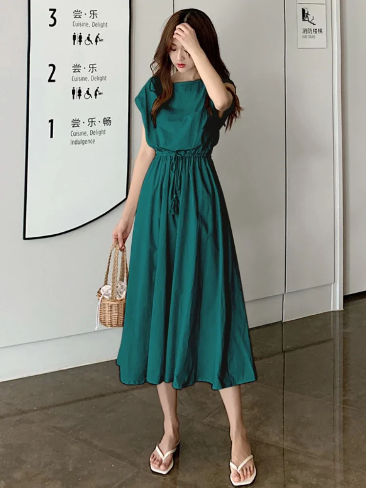 Dress Round Neck Sleeveless Elastic Waist Solid Color New In Dresses Fashion Comfortable Leisure Clothes for Women Streetwear