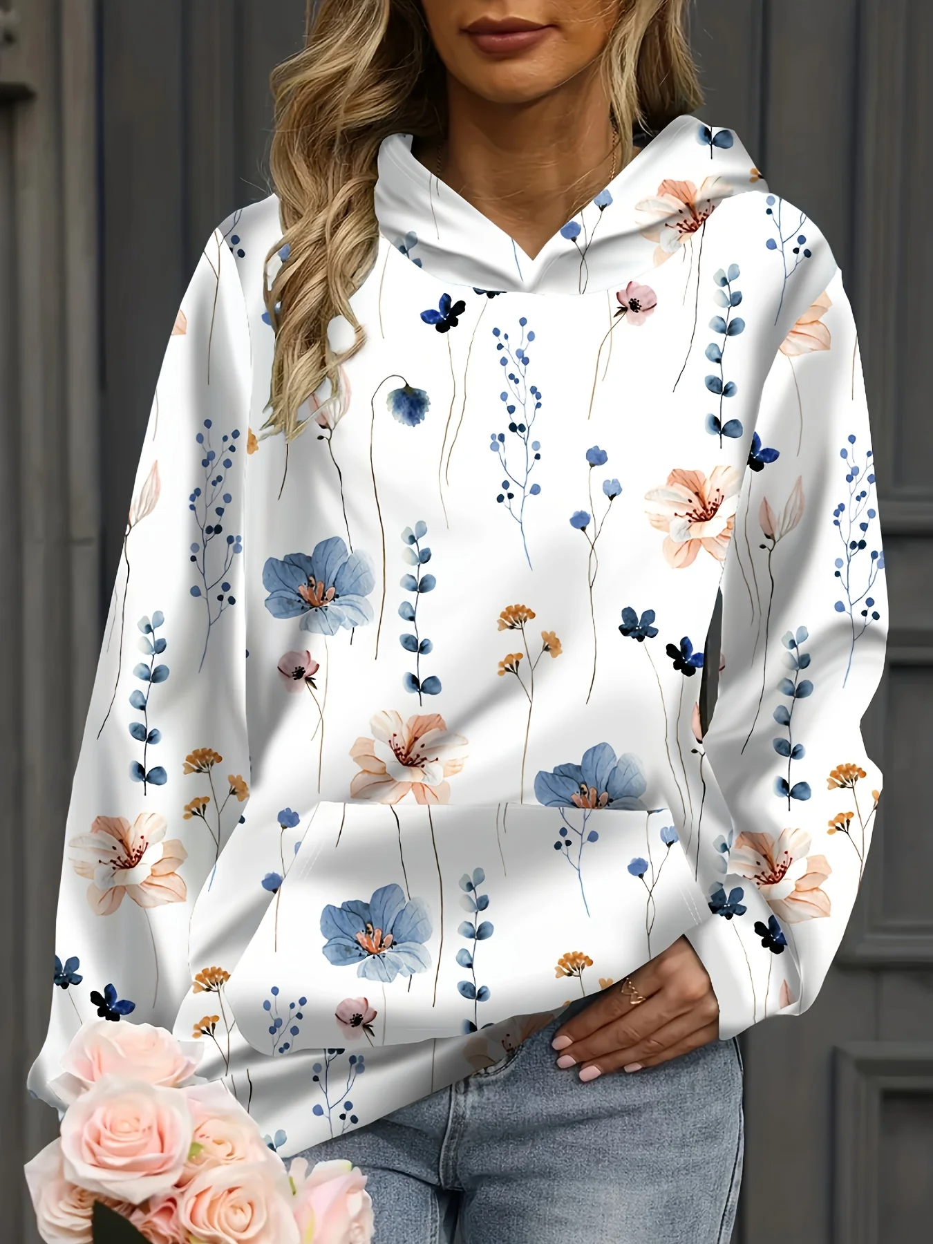 Stylish Floral Print Kangaroo Pocket Hoodie -Soft, Cozy, and Casual Long Sleeve Pullover Sweatshirt Women's Comfortable Clothing