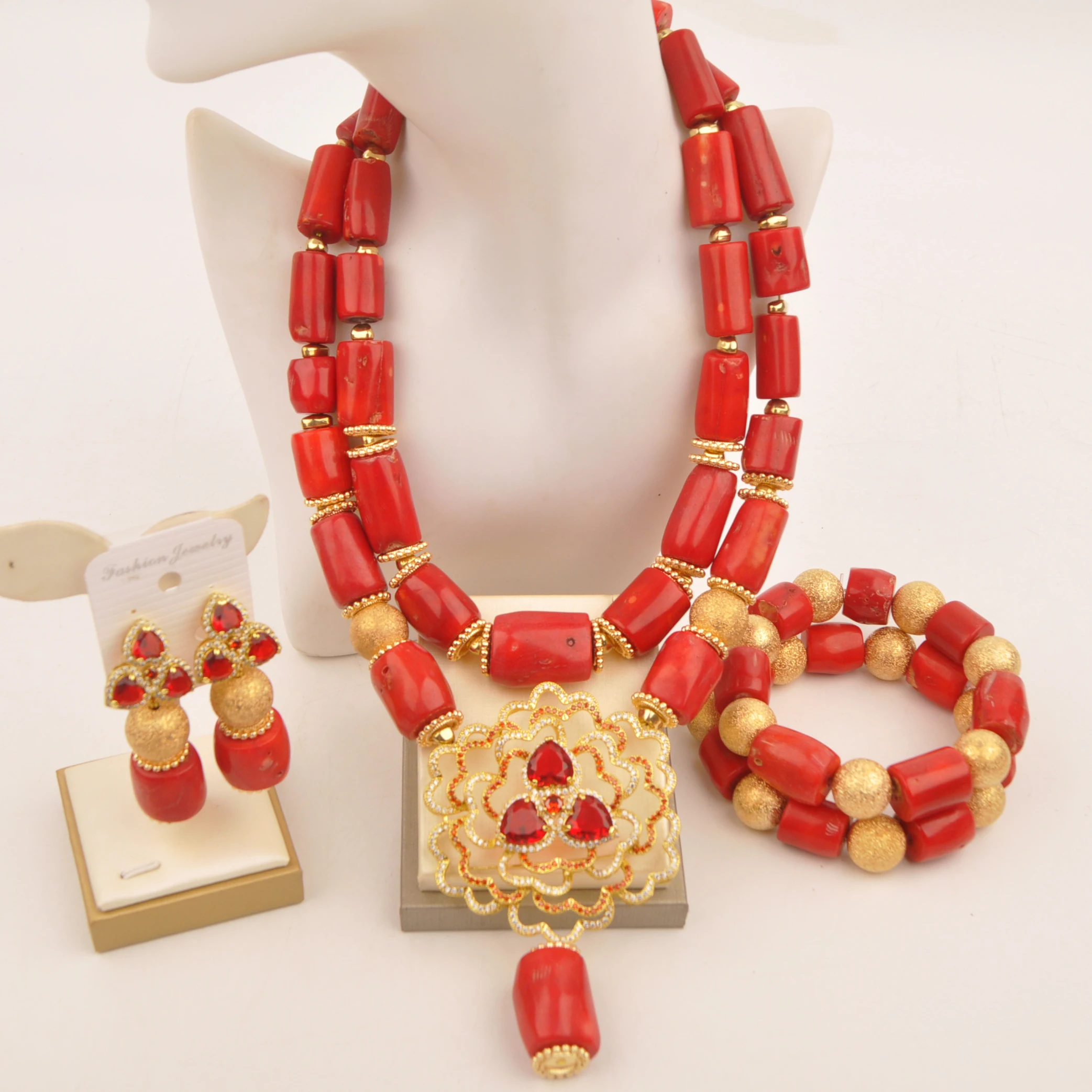 Real Red Coral Necklace African Beads Jewelry Set