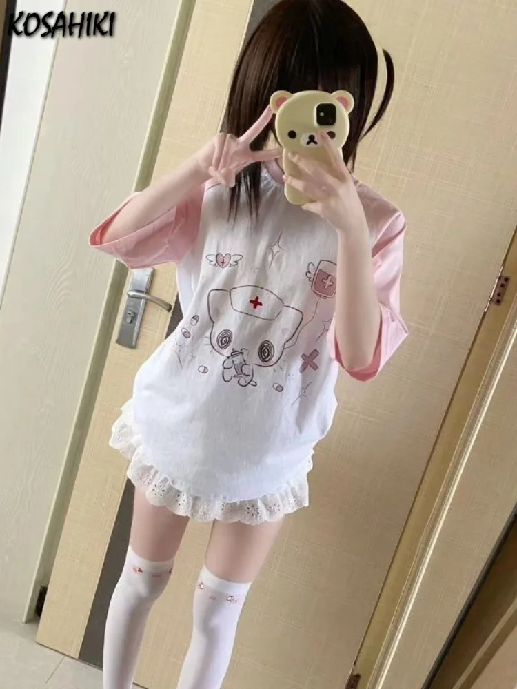 Japanese Kawaii Cartoon Print T-shirt Women Cute Contrast Color Tops Summer Harajuku Patchwork Y2k Aesthetic Grunge Tee Shirts