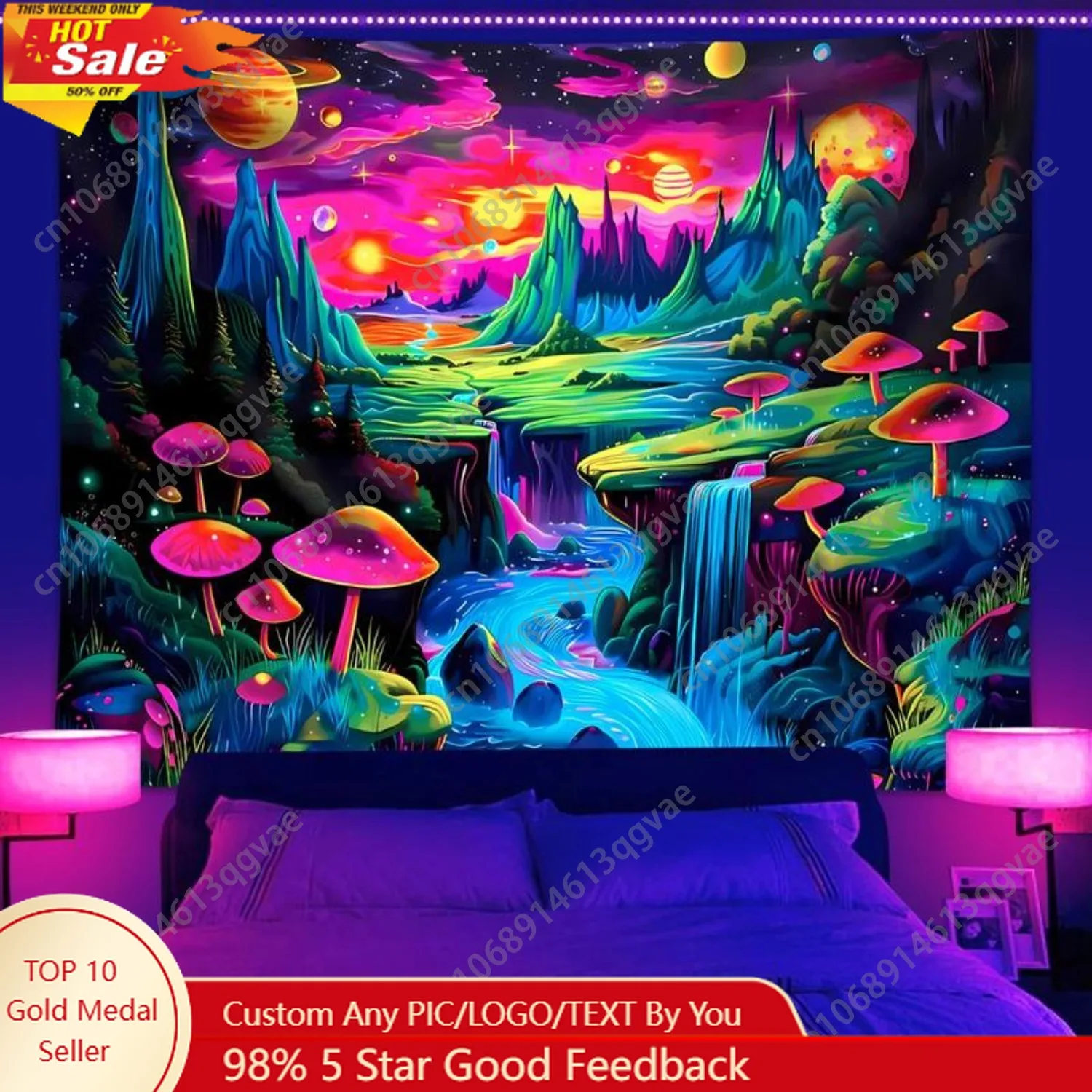 

Neon Mushroom Landscape Tapestry UV Responsive Black Light Tapestry with Installed Accessories Wall Decor Custom Decoration