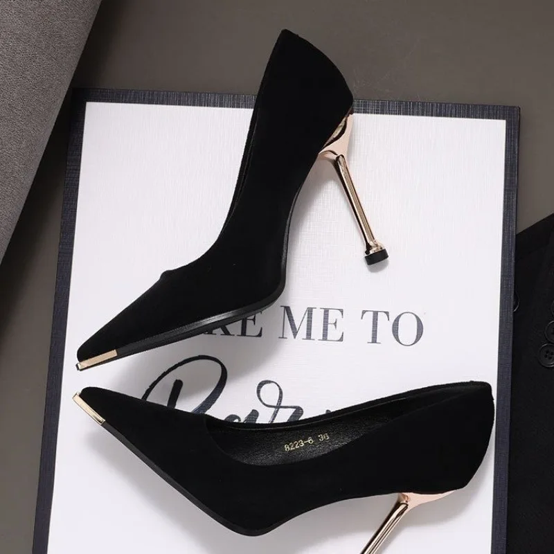 

Spring 2025 Sexy Fashion High Heels Stiletto Metal Pointed Toe Black Suede Single Shoes Women's Shoes