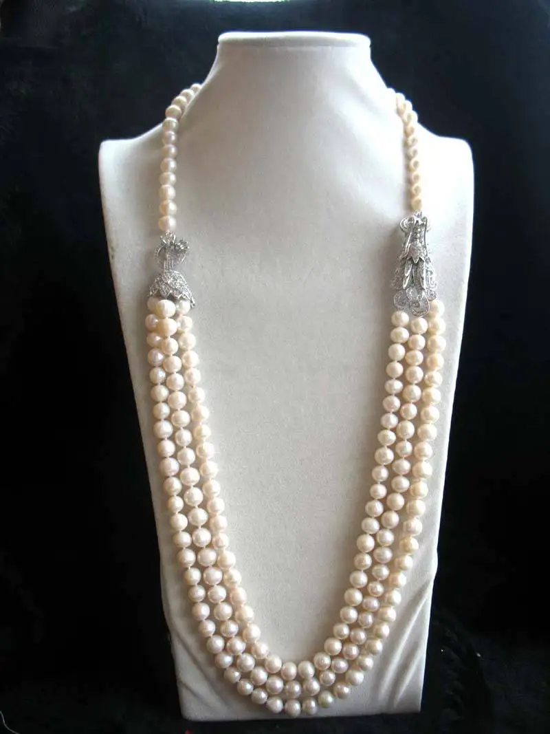 

Hand knotted necklace 3rows freshwater pearl near round 8-9mm 28-30inch and dragon clasp