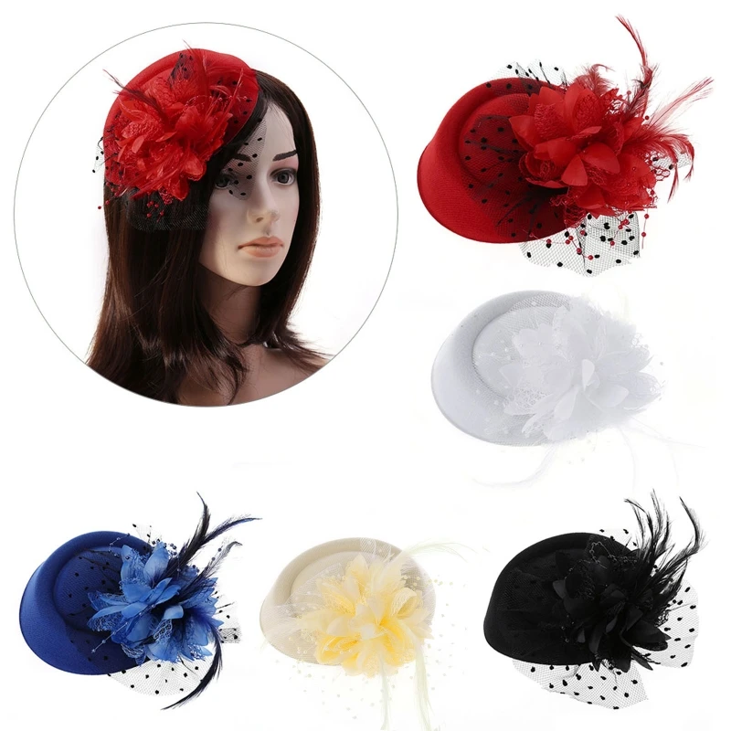 Damen Fascinator Mesh Schleier Feder Perle Perlen Dekor Haarspangen Hochzeit Braut Cocktail Kopfbedeckung