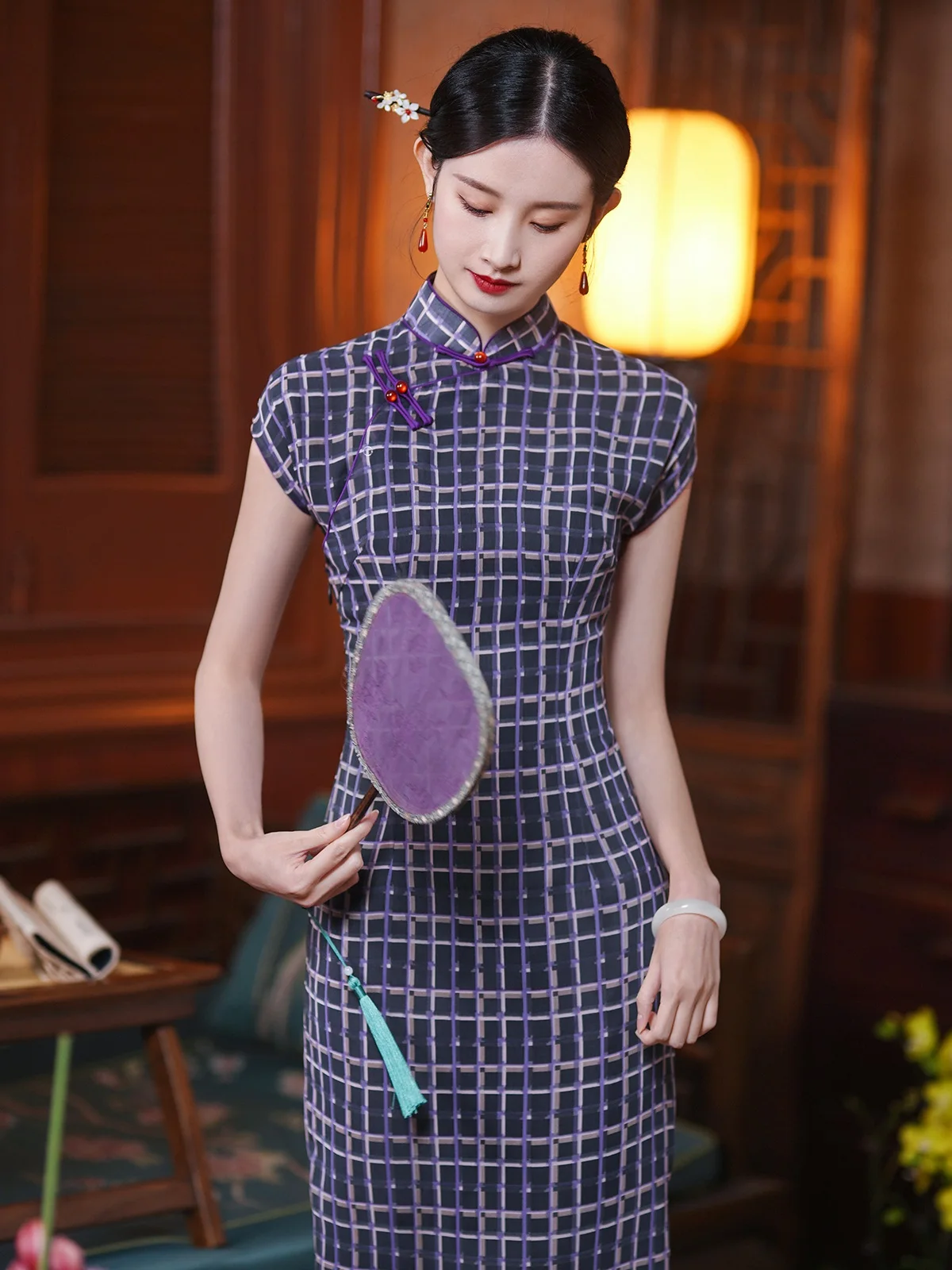 

New Chinese Style Improved Plaid Georgette Cheongsam Women's Summer Republic of China Young Girl's Casual Wearable Dress