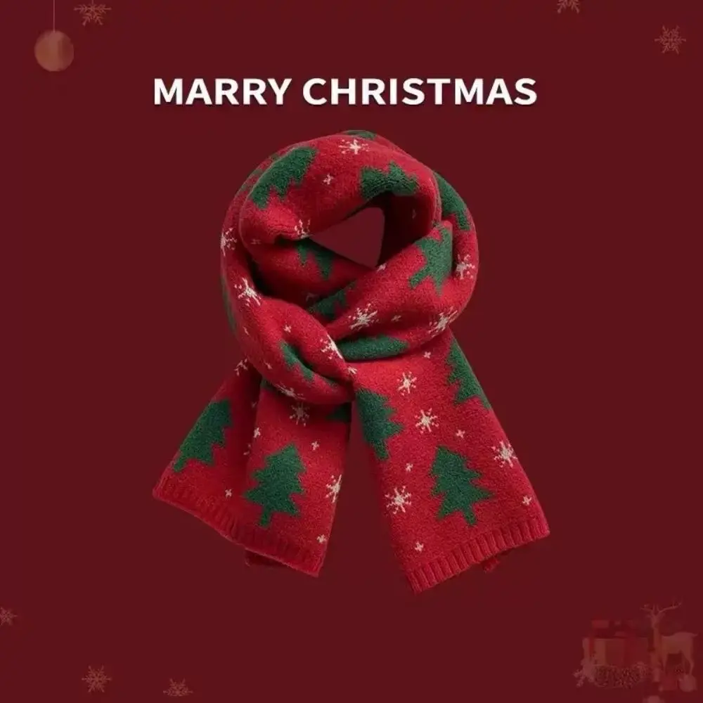 Sweet Red Knitted Christmas Scarf Long Green Winter Knitted Scarves Thickened Christmas Tree Plaid Wool Scarf Couples