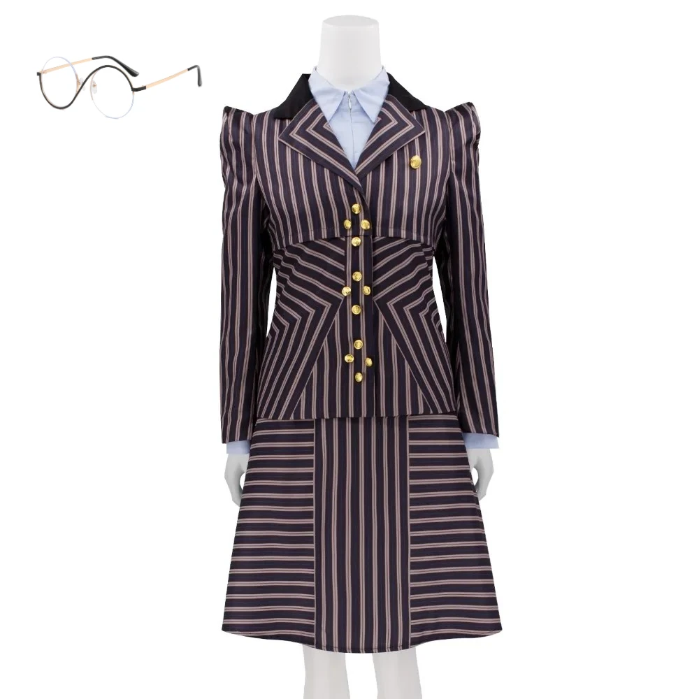 

Movie Witch Elphaba Wicked Cosplay Costume Stripe Suits Woman Black Dress Robe Halloween Carnival Party Accessory Glasses