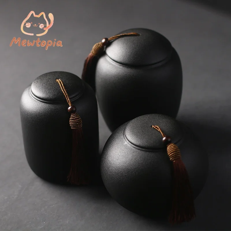 Black Ceramic Pet Urn Fine Frosted Black Appearance Family Pet Ashes Placement Memorial Jar Rabbit Cat Dog Ashes Coffin