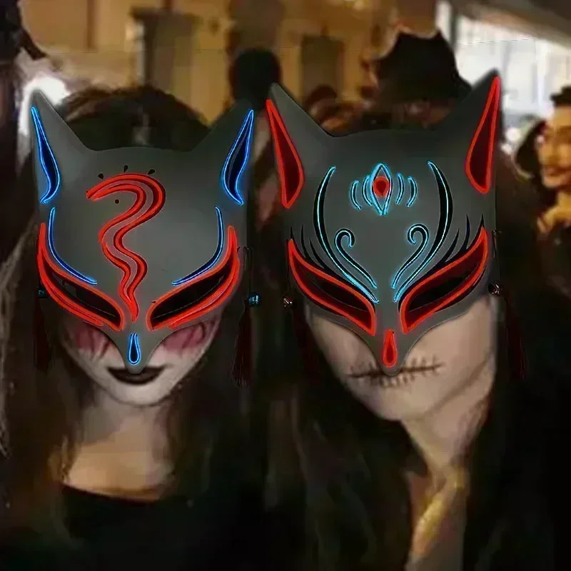 Máscara luminosa do guerreiro de néon dos desenhos animados japoneses, LED Fox, Halloween Devil Killer, Máscara de RPG, Novo