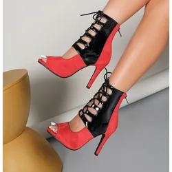 Qualität Frauen Hohe Rote Heels Komfort Peep Toe Stiefel Stilettos Jazz Dance Weibliche Schuhe Outdoor Booties Große Größe