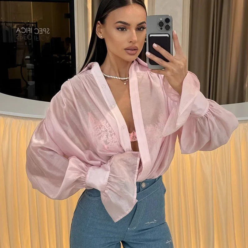 

2025 New Fashion Sexy Button Lantern Sleeve Shirt Women Summer Casual Loose Solid Color Long-sleeved Home Top For Women