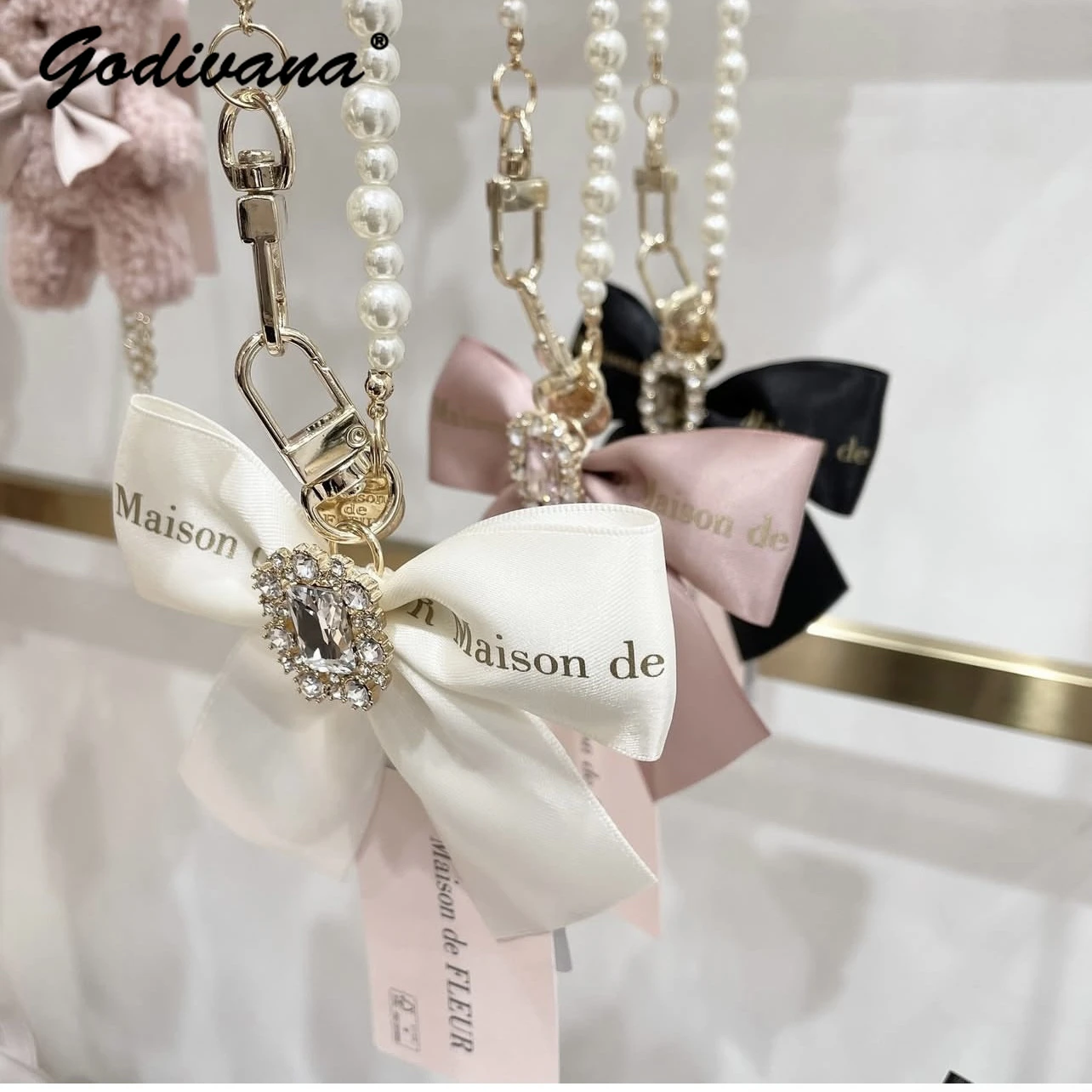 Japanese 11th Anniversary Pearl Bow Mobile Phone Chain Bag Accessories Cute Rhinestone Satin Bow Bag Pendant Keychains