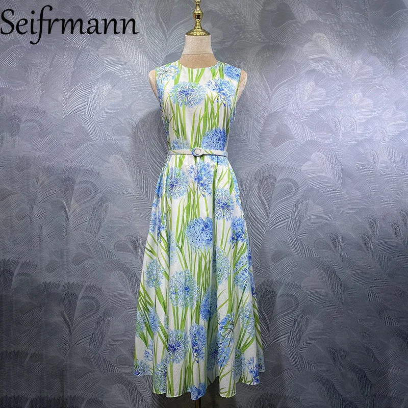 

Seifrmann Fashionable Round Neck Sleeveless Cotton Printed Belt Waist cinching Dress 2026 Spring Women's New