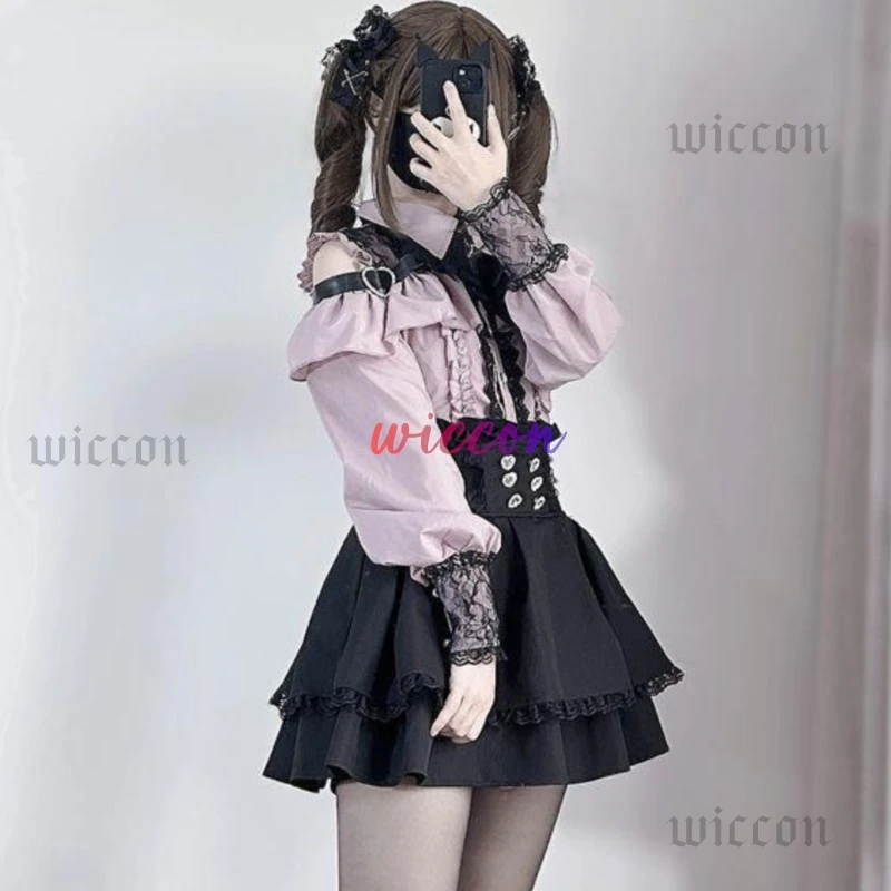 Jirai kei الزي لوليتا الفتيات قميص تنورة مجموعة النساء Kawaii القوس طويلة الأكمام Y2K قميص جمالي غير رسمي النمط الياباني النساء #4