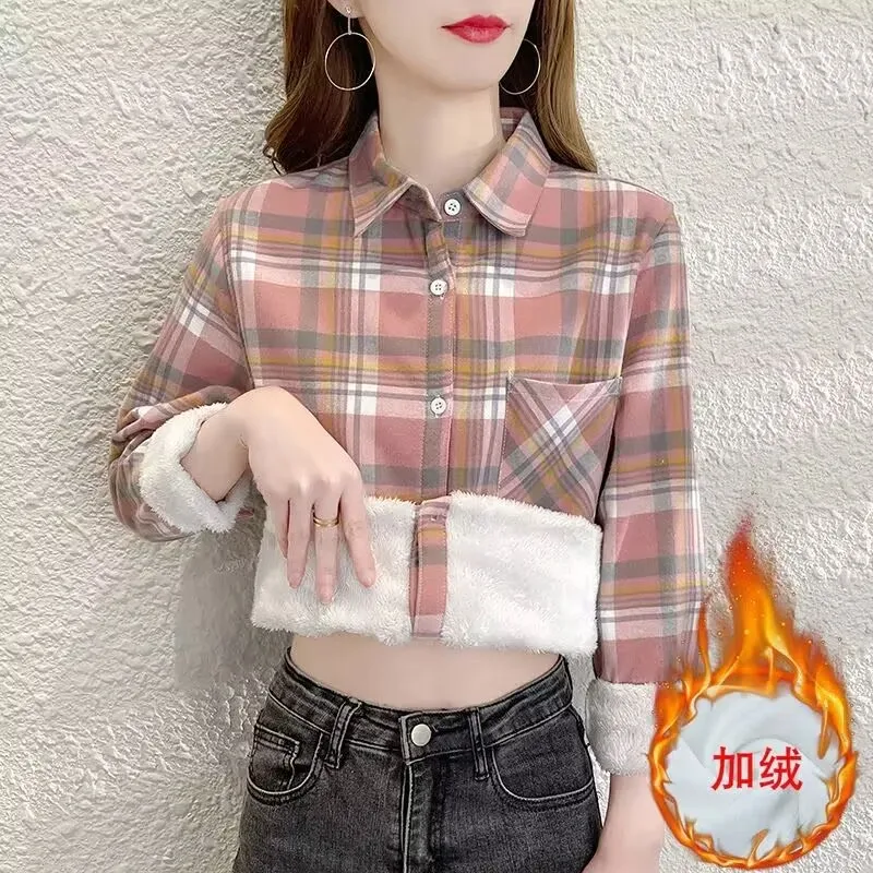 Women's Velvet Thick Warm Plaid Shirt Female Long Sleeve Tops 2025 Winter Fleece Casual Check Blouse Autumn Casual Clothes