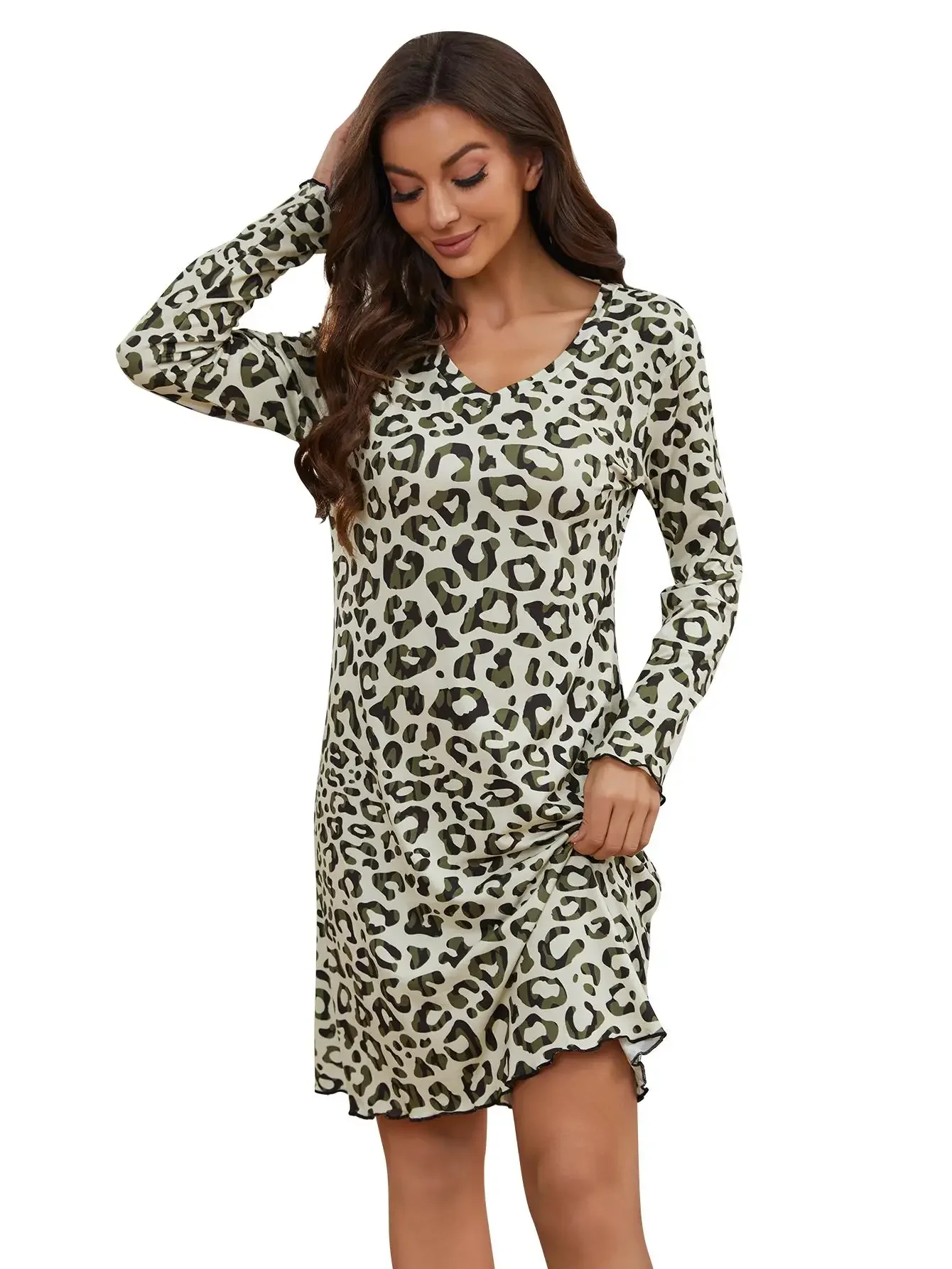 V Neck Ruffle Trim Women Nightgown Long Sleeves Leopard Print Pajama Dress Female Sleepwear Spring Fall Nightwear Homewear