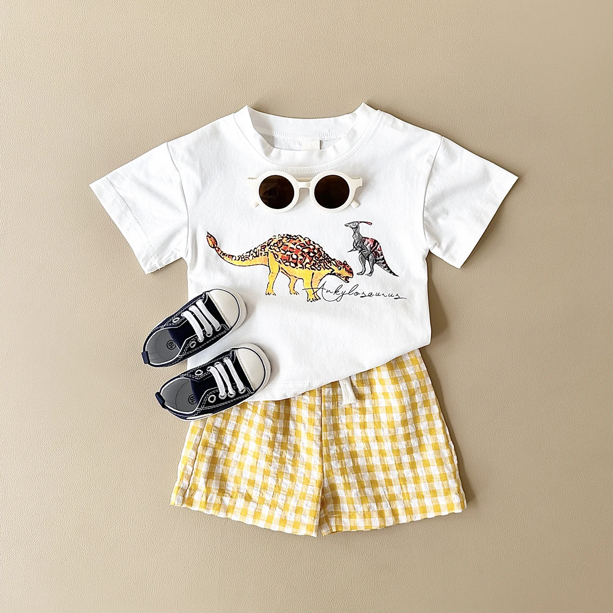 

2024 Newborn Boys Baby Clothing Set Cartoon Dinosaur Print Short sleeved T-shirt+Checkered Shorts Girl 2PCS Summer Children Set