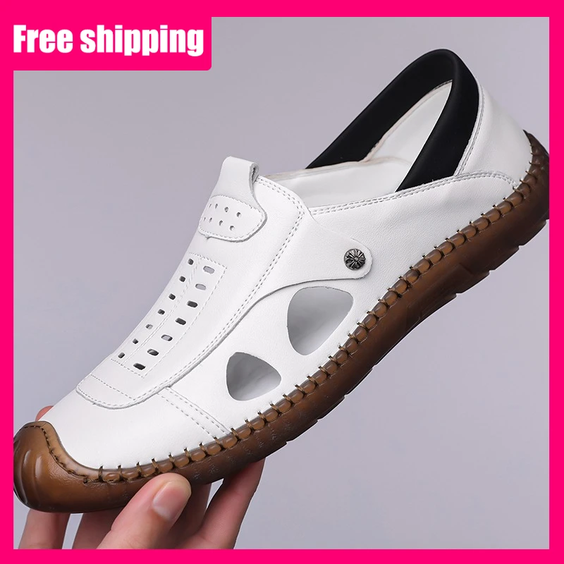 

Mens Sandals Casual Leather Non Slip Flat Bottom Summer Beach Shoes Comfortable Hollow City Daily Walking Business Sandals