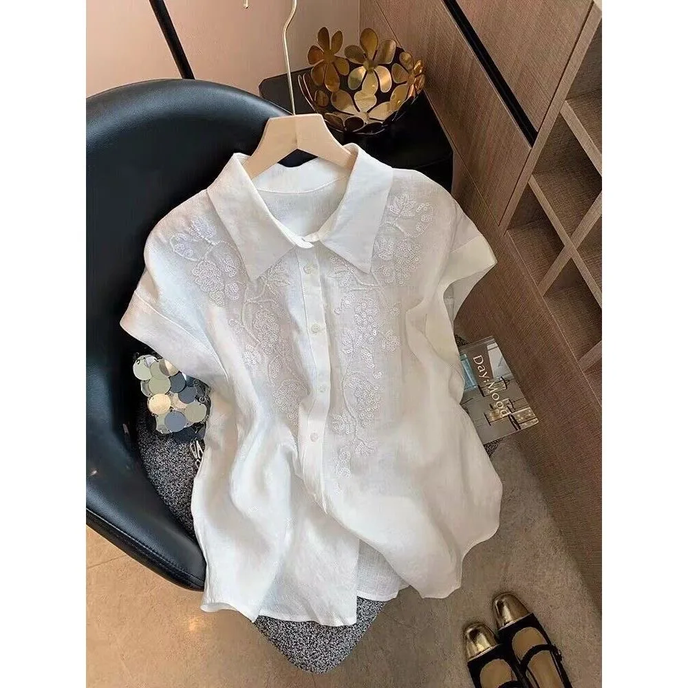 

Elegant Heavy Embroidery Short Sleeve Collar Casual Shirt for Women Breathable Comfortable Summer Fashion Sweet Temperament