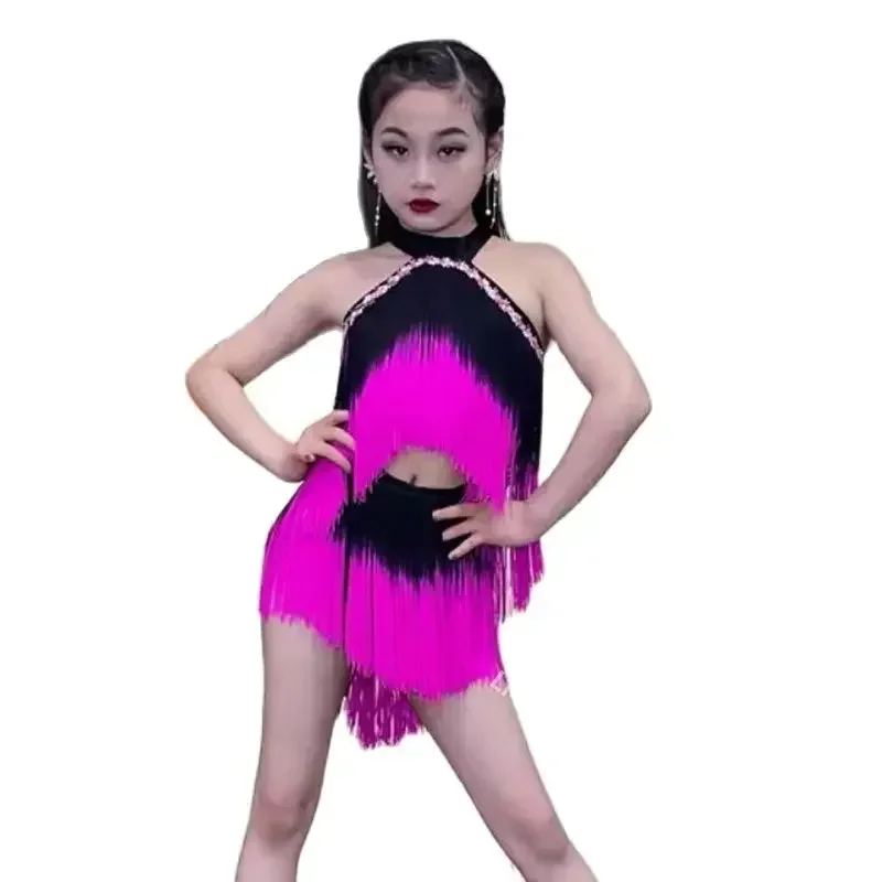 Faldas de baile latino para niños, traje de baile latino con flecos, vestido con borlas, color rosa y negro