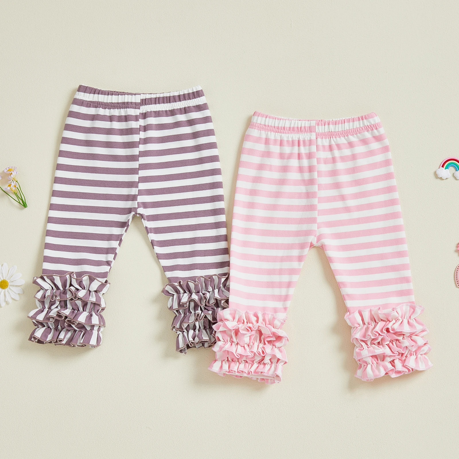 

Toddler Girls Striped Leggings, Elastic Waist Frills Slim Fit Fall Long Trousers for Casual Daily