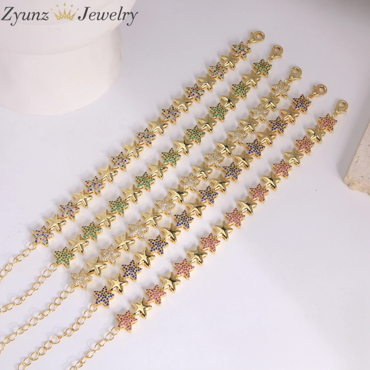 

5PCS, Trendy Colorful Cubic Zircon Chain Bracelet, 18k Gold Plated Star Zircon Bracelet
