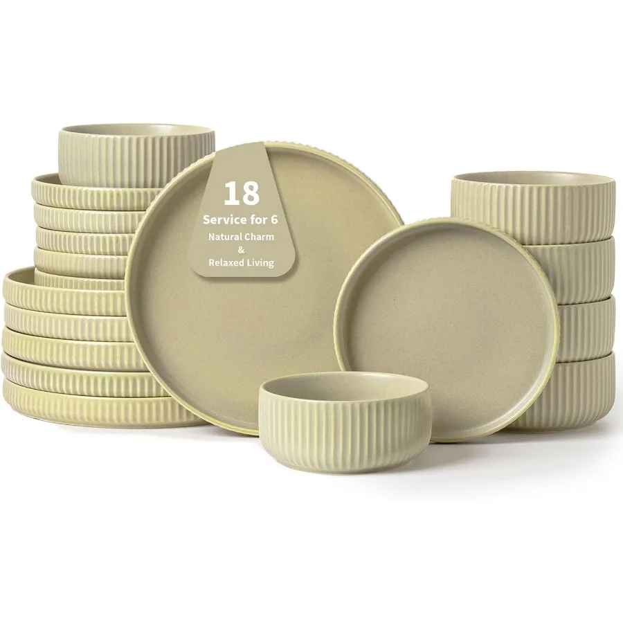 

Healing Green Plates and Bowls Sets for 6 18 Piece Ceramic Dinnerware Set Ideal for Light Living and Refreshing Everyday Ritual