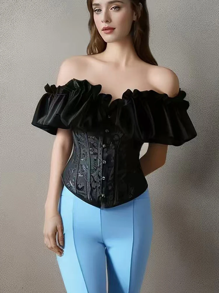 

FSMG Elegant Off Shoulder Suspenders Flounce Hollow Out Corset For Women Sexy Chic Crochet Flower Ruffled Sleeveless Camisole