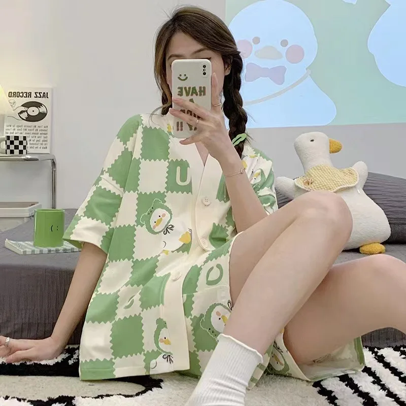 Women Pajamas Sleepwear Pajama Set Shorts Sexy Green Print Ice Silk Comfortable Casual Summer Tops Shorts Bra girls Nightwear