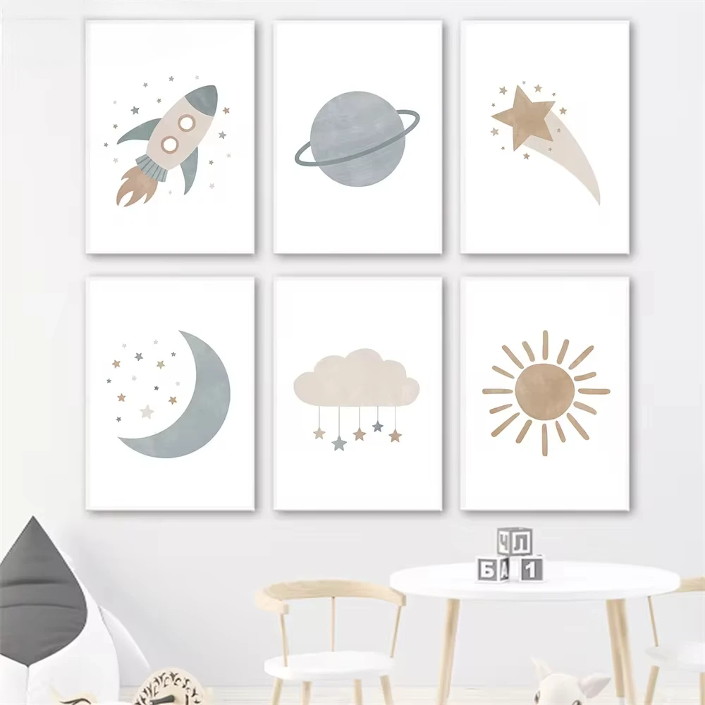 

Space Planet Rocket Astronaut Star Sun Moon Clouds Nursery Posters Child Canvas Painting Wall Art Print Pictures Kids Room Decor