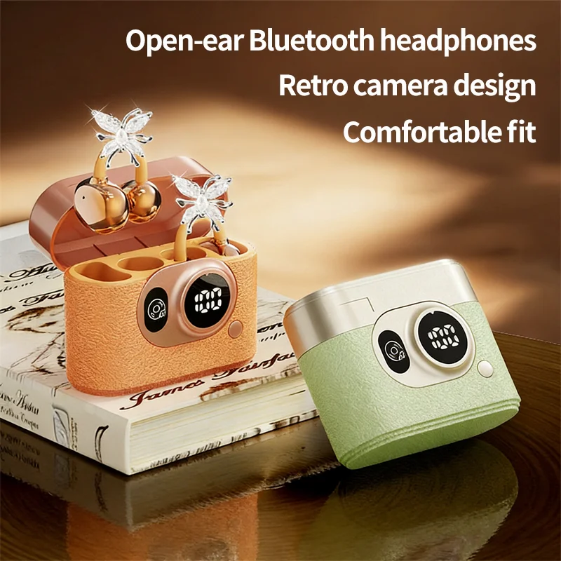 

Bluetooth Ear Clip Headset Retro Camera Design Power Display App Sound Effects Adjustment Zirconia Earrings Included Outdoor