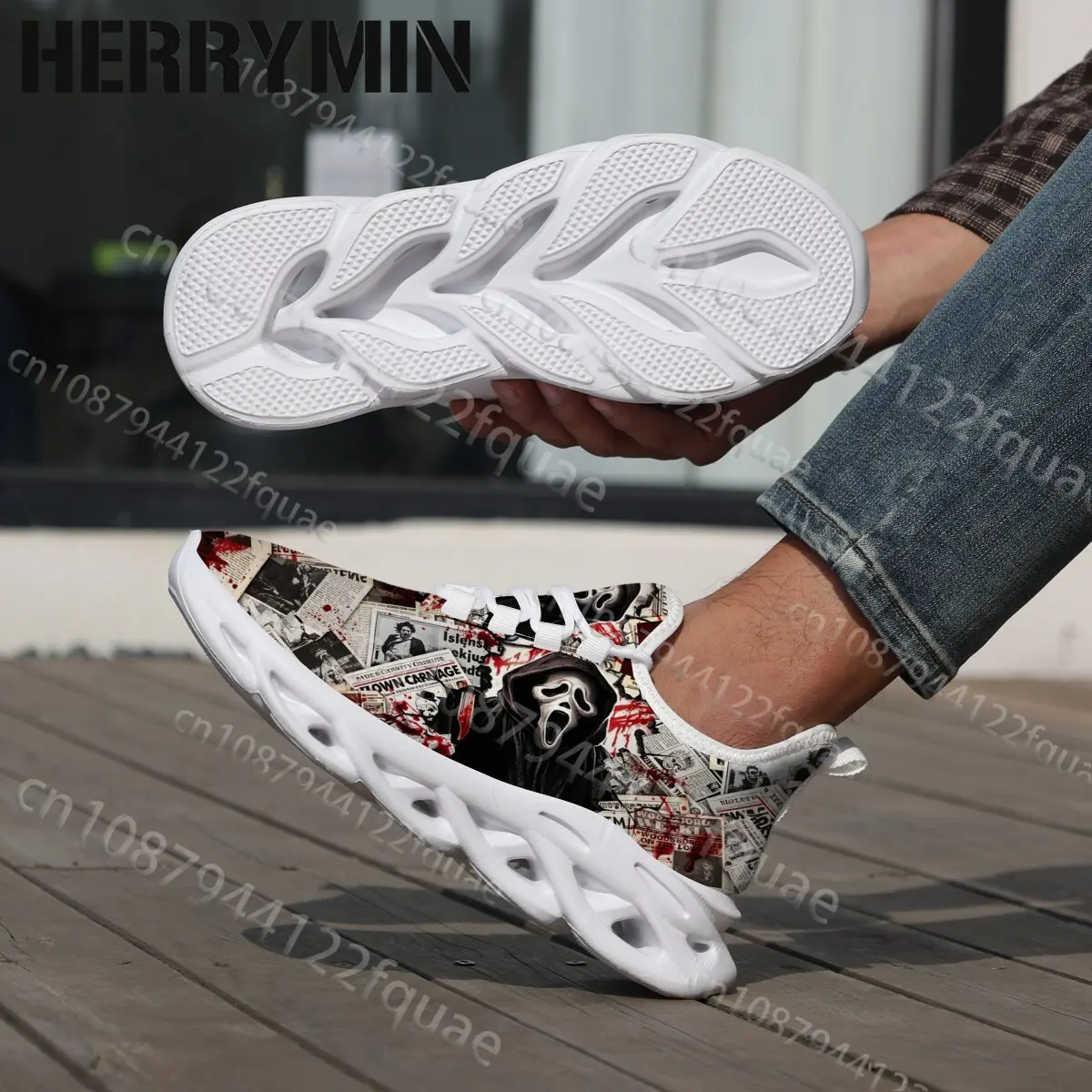2026 Halloween Horror Mask Newspaper Print Running Shoes Man Woman Holiday Shoes Gift Blade Casual Walking Shoes