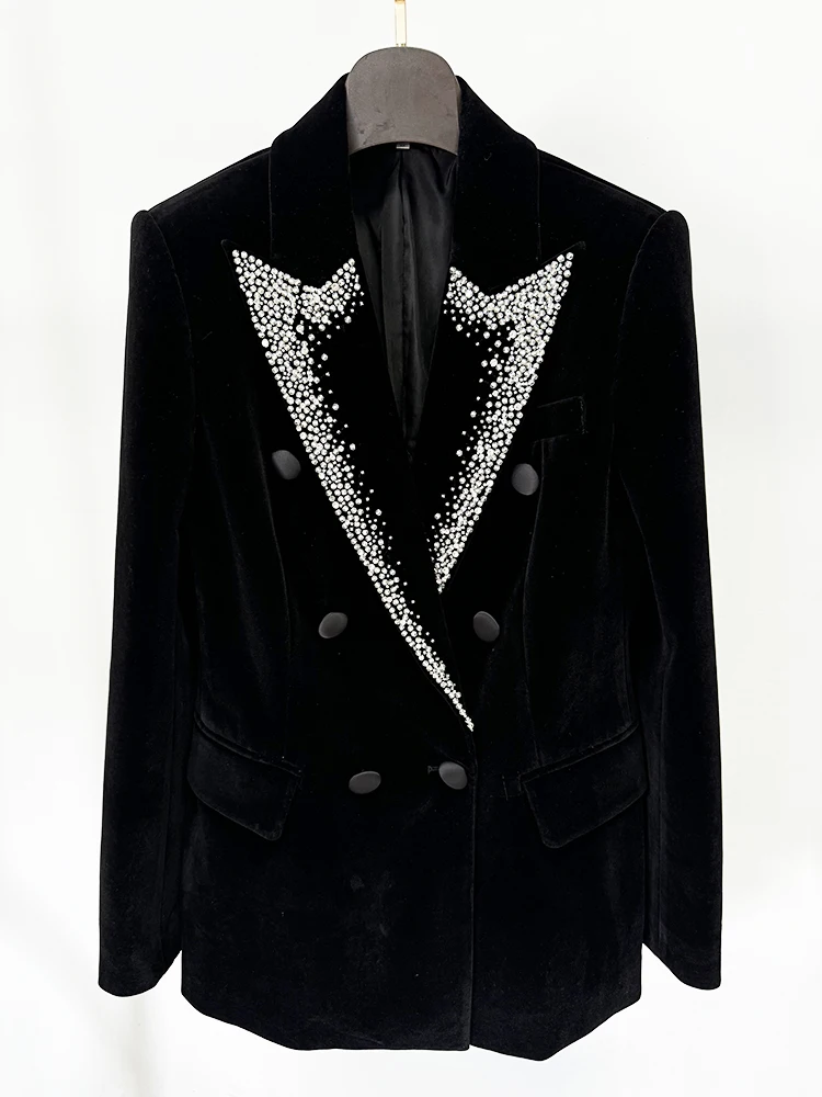 HIGH STREET Newest Fashion Designer Jacket Women's Double Breasted Stunning Beaded Velvet Blazer