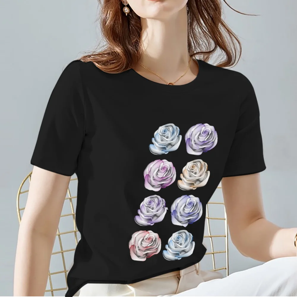 

Summer Classic Woman Street T-Shirt Casual Punk Top 3D Rose Pattern Ladies O Neck Commuter Slim Fit Black Short Sleeve Outfit