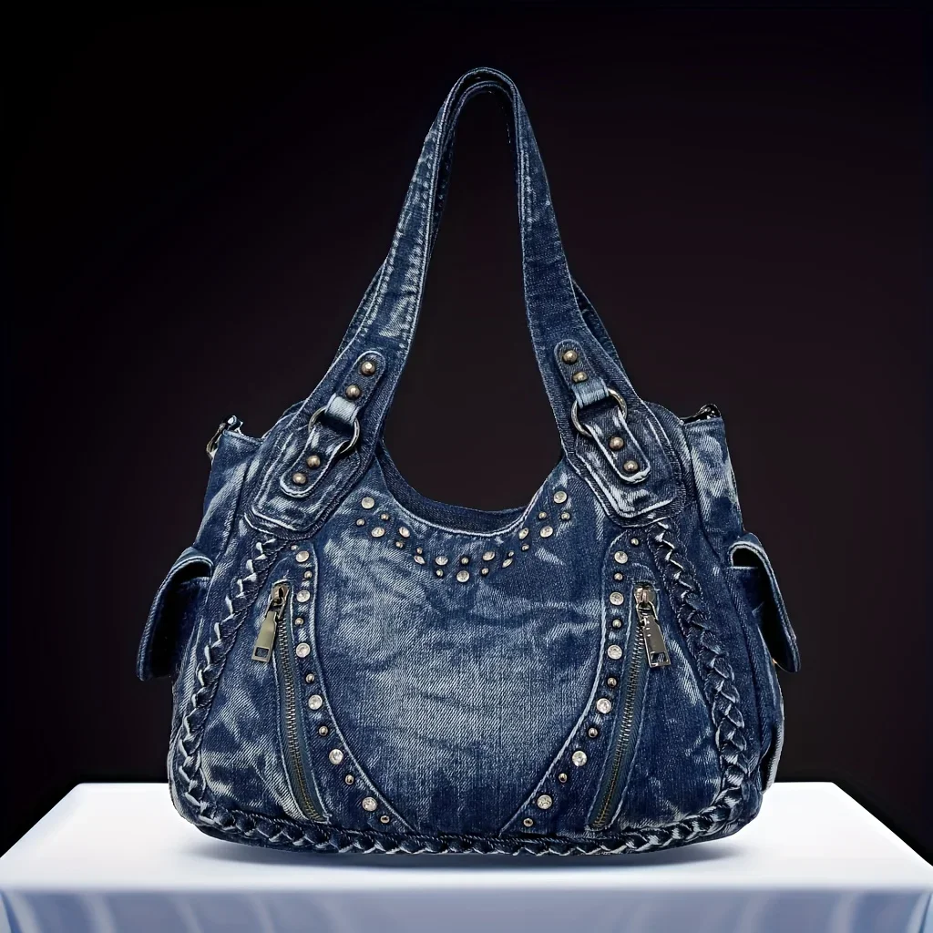

Women's casual and fashionable shoulder bag, rivet diamond bag, women's washed denim bag