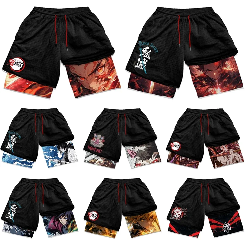 Demon Slayer Anime Gym Shorts Men 3D Print Workout Quick Dry Performance Shorts Cartoon Running Mesh Sports Short Pants Gift