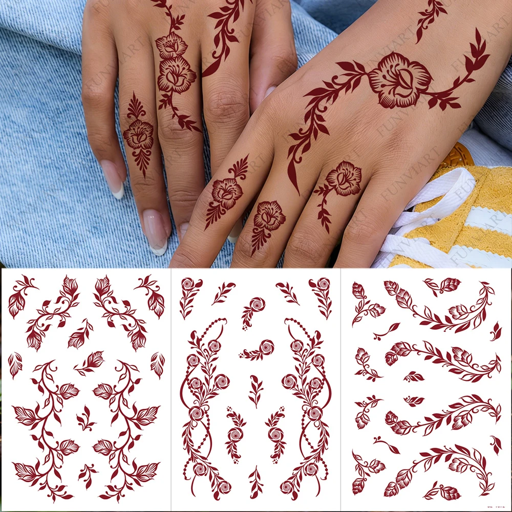 

1 лист, коричневые татуировки хной, наклейки для рук, водонепроницаемые татуировки хной для женщин, временный дизайн Менди, цветок, поддельная татуировка