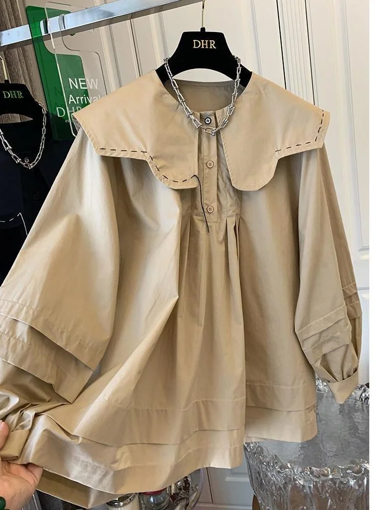 

Large Size Petal Collar Loose Women's Shirt Spring Autumn Retro Design Belly Covering Korean Style Commute Polyester Fiber