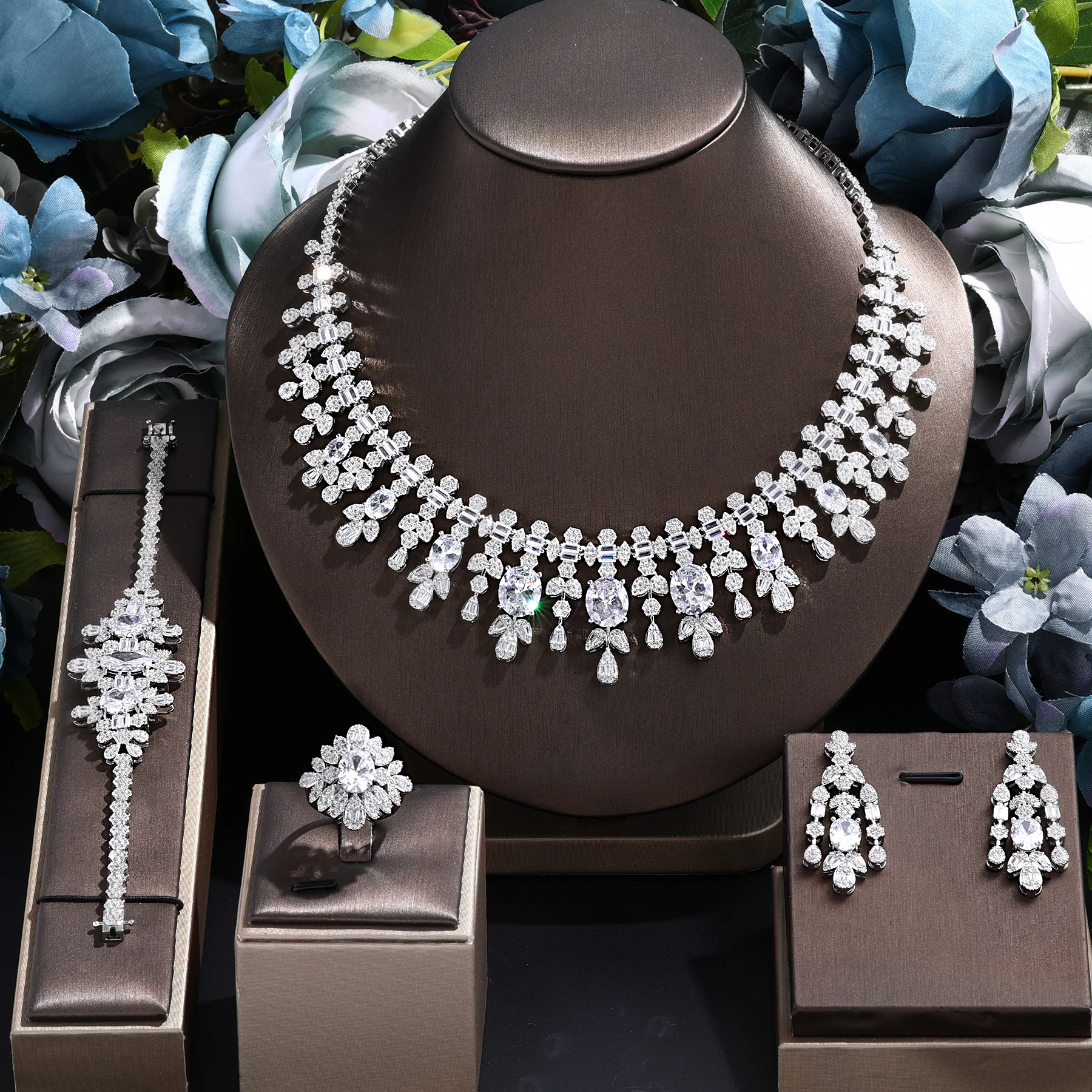 

2024 New 3A Cubic Zircon UAE Saudi Arabia Bridal Wedding Jewelry Set Birde Party Big Necklace 4 Piece Set Jewellery for Women