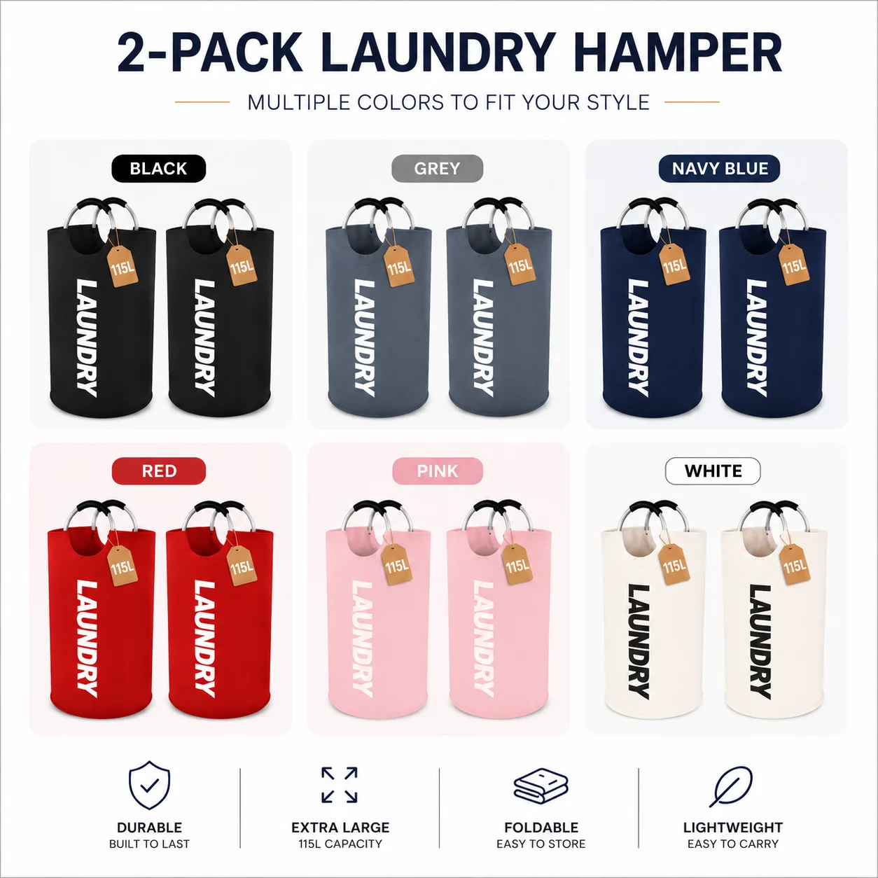 2 Pack 115L Extra Large Laundry Hamper, Foldable Laundry Basket with Soft Padded Handles, Freestanding Collapsible Laundry Bag for Clothes Storage, Bedroom, Bathroom, Dorm & Laundry Room view 8