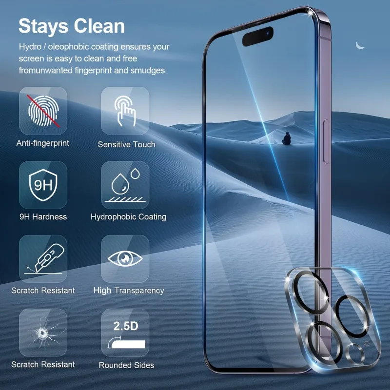 

2 шт. Защитная пленка из закаленного стекла с 2 шт. пленкой для объектива камеры для Iphone 17 16 15 14 13 12 11 Pro Max 15 16Plus 16e Air Glass