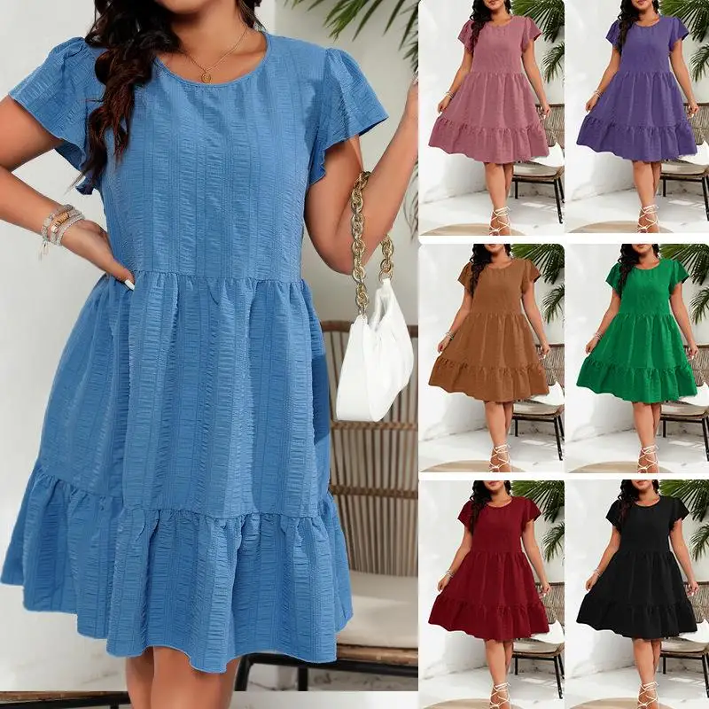 

Elegant Large Lotus Leaf Waist Cinching Dress Citywalk A-Line Midi Dress round Neck Zipper Closure Other Fabric Holland Sleeve